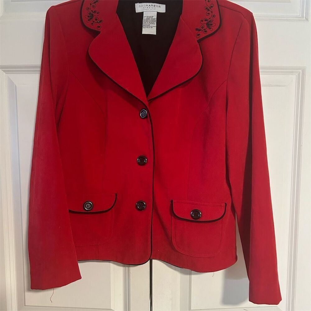 Sag Harbor Women's Red Embroidered Blazer Jacket Petite Size 10P